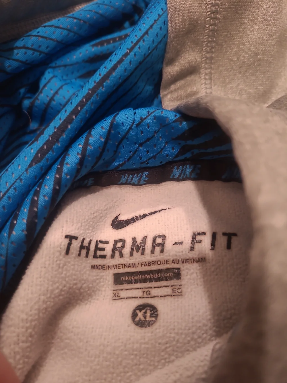 Nike Mens Hoodie Therma-FIT Pullover Gray Blue XL Swoosh Graphic Sweatshirt